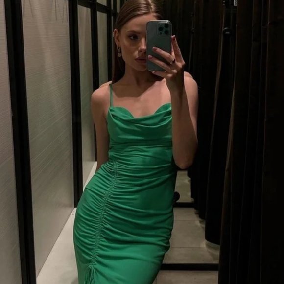 ZARA STRETCH KELLY GREEN SWEETHEART DRAPED DRAWSTRING SLIT MIDI MAXI DRESS $59.9 - Picture 13 of 17